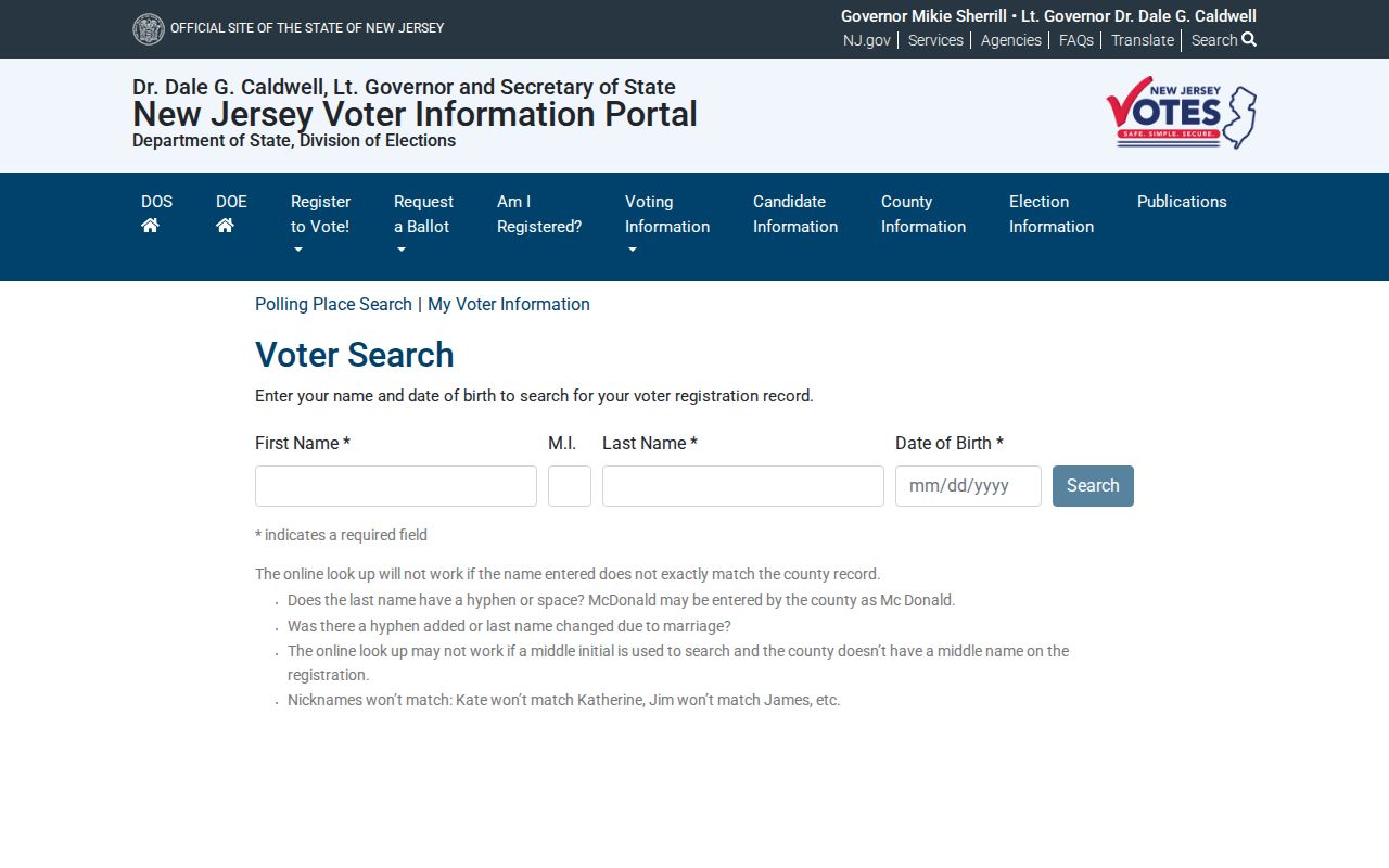 Freehold Township resident lookup at the New Jersey voter-search entry point