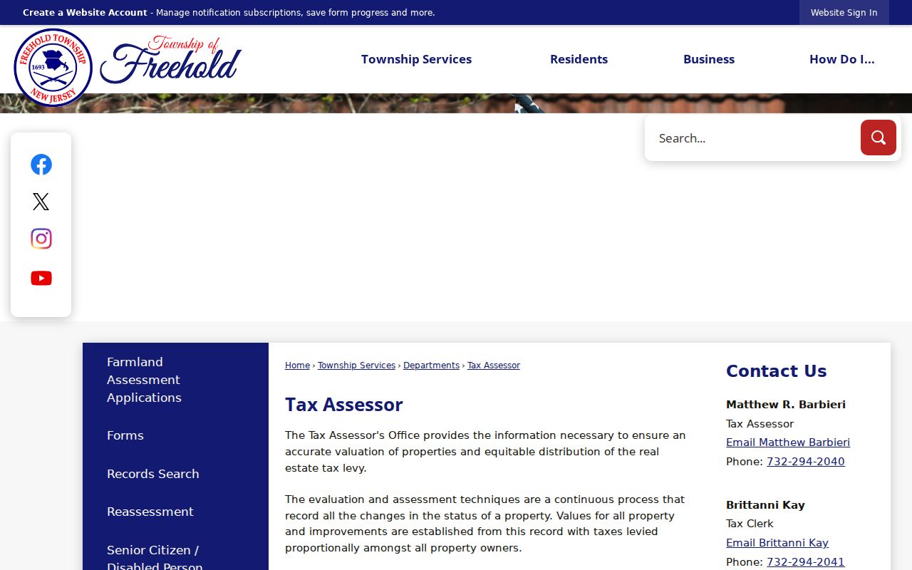 Freehold Township street directory view of the Tax Assessor resources